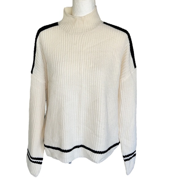 Sanctuary Felling Sporty Ivory & Black Mock Neck Oversized Ribbed Sweater - L - Picture 3 of 13